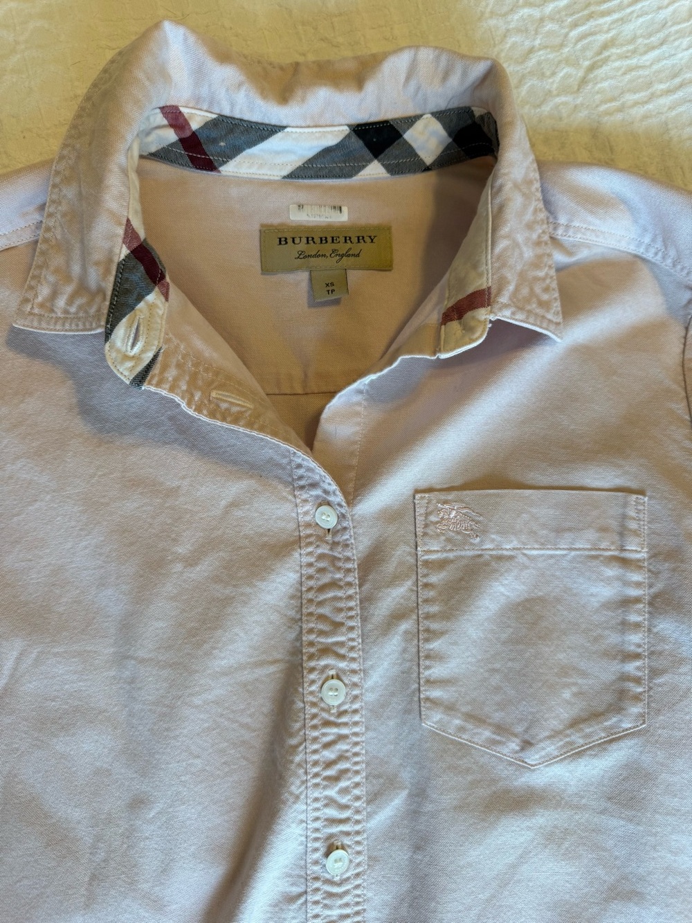 Burberry Pale Pink Button-Down Shirt with Check Collar Trim